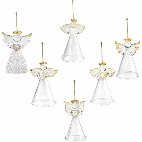 4E's Novelty Glass Angel Ornaments for Christmas Tree (Set of 12) Assortment of 6 Designs - 2.5 Inch Clear Spun Glass Religious Angel