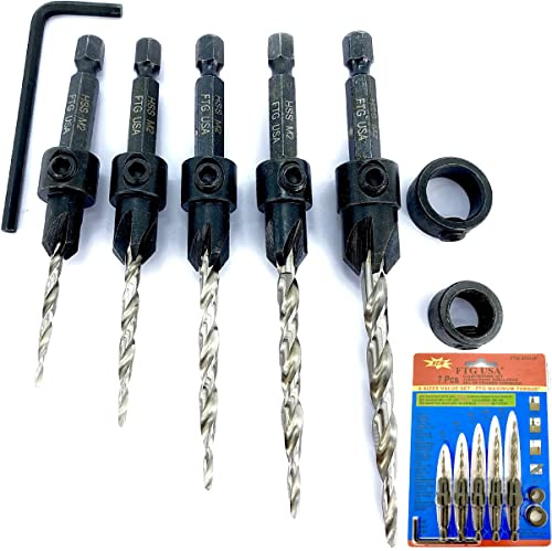 FTG USA Holz Kegelsenker Bohrer Set 5 Größen Set Kegelsenker #4, 6, 8, 10, 12 Kegelbohrer mit Sechskantschaft Kegelsenker Bit, 1 Inbusschlüssel, Kegelsenker Bohrer für Holzbearbeitung