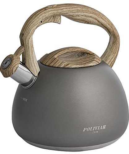 Poliviar Moderne Wasserkessel Induktion, Edelstahl Pfeifkessel, Teekessel für alle Kochplatten, Flötenkessel mit Holzmasergriff, Wasserkocher für Tee & Kaffee, max. 2.7L, Grau Ti (JX2020-QB30-DE)