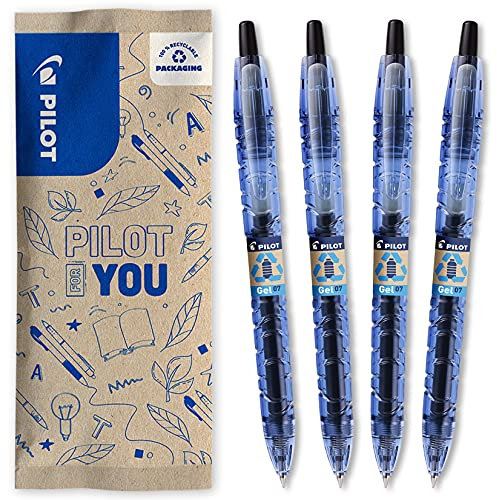 PILOT Caja de 4 B2P Gel - Roller Retráctil y Recargable - Hecho con Botellas de Plástico Recicladas - Tinta de Gel para una Comodidad de Escritura óptima - Begreen - Negro - Punta Media