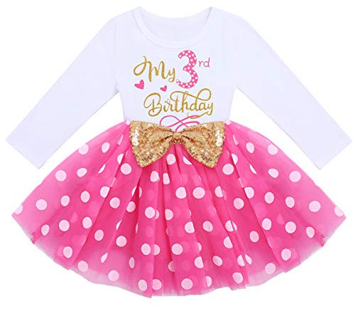 FYMNSI Vestito da bambina in cotone a maniche lunghe, linea ad A, per feste, Rosa a pois – Il mio terzo compleanno, 3 Anni
