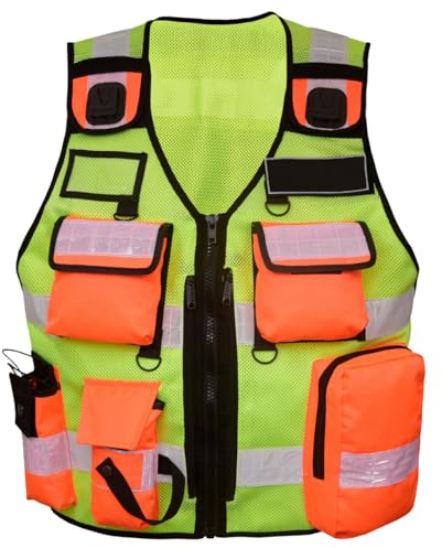By Johanna Sicherheitsweste Schutzweste Securityweste Einsatzweste Kennzeichnungsweste Multifunktionsweste Werkschutz Wachschutz Reflektierend 202 gelb Orange + 2 Patch Blau SECURITY