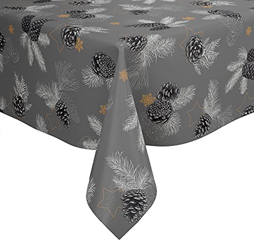 Karina Home Christmas Pine Cones PVC Vinyl Wipe Clean Oilcloth Tablecloth (Grey, 200cm x 140cm)