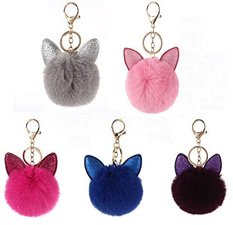 QIUMING 5 Stücke Liebes-Herz Keychain Round keychain Plüsch Schlüsselhalter Herzform Pompom Ball Schlüsselanhänger Weich Plüsch Keychain Taschenanhänger für Rucksack Tasche Schlüsselring Dekor