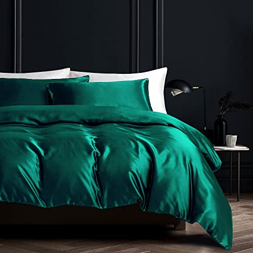 Boqingzhu Satin Bettwäsche 220×240cm Grün Dunkelgrün Uni Einfarbig Glatt Glänzend Luxus Seide Bettwäsche Set Bettbezug mit Reißverschluss und 2 Kissenbezüge 80x80cm
