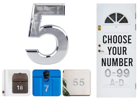 Silver Door Numbers Stick On, 0-99, Letters A, B, C, D, 3'' House Numbers Self Adhesive Stickers, For Doors, Mail Boxes, Hotel Rooms (5)