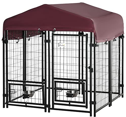 PawHut Chenil extérieur pour Chiens Parc à Chiot avec Toit en Tissu Oxford avec 2 Supports de Bol rotatifs 8 Panneaux Toit résistant aux intempéries 120 x 120 x 138 cm