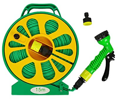 15m Flat Garden Hose Pipe & Reel with Spray Nozzle 50FT – Compact Hose Pipe Reels - Outdoor Mini Hose Gun with Adjustable Spray Gun - Hosepipe & Reel Easy Storage for Garden(Green & Yellow)
