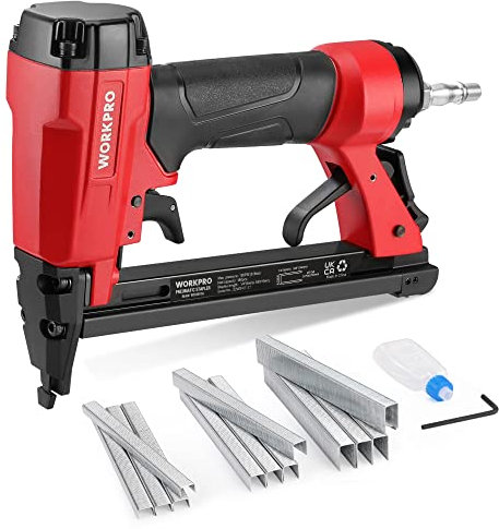 WORKPRO Air Staple Gun with 1884pcs Staples(6mm-16mm), 22GA / Type 7116, Lightweight Pneumatic Stapler with Safety Nose, Ideal for DIY, Decoration, Furniture Making, Upholstery, Woodworking