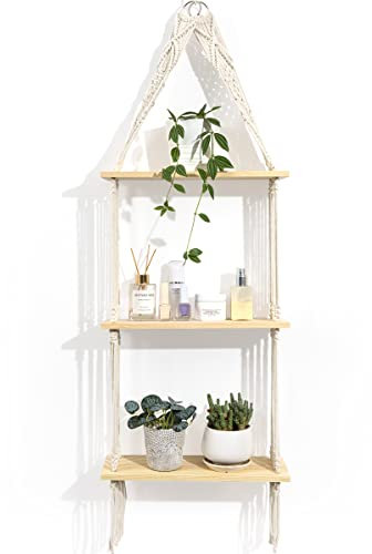 SUMGAR Wandregal Holz Makramee Wandbehang Regal Wand Boho Deko Schweberegal Handgewebte Natürliches Treibholz Hängeregal Chic Schwimmende Regale Für Wohnzimmer 3 Etagen
