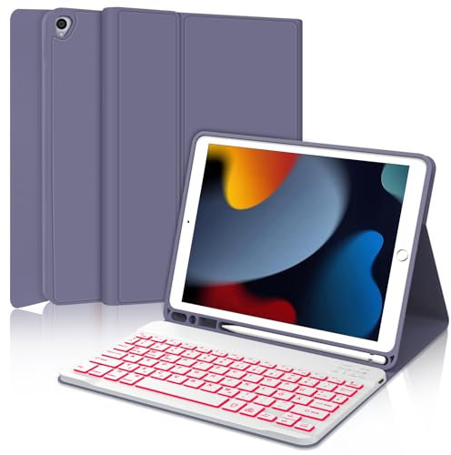 Tastatur iPad 9. Generation, iPad 10.2 Tastatur mit Hülle (iPad 9./8./7. Generation), Magnetisch Abnehmbarer 7-Farbige Beleuchtung mit QWERTZ Tastatur für iPad Air 3 und iPad Pro 10.5, Lavendel Lila