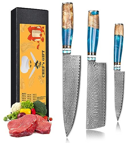 oFuun Juego de 3 Cuchillos Cocina, 20CM Cuchillo de Chef, 17CM Cuchillo de Nakiri, 12,6CM Universales Acero Damascus Cuchillos de Cocina, Hermosa Caja de Regalo, Mango de Resina Ergonómico