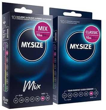 MY.SIZE Mix Premium Kondome Set, 10 Classic + 10 in, 4 Varianten: Classic Genoppt Blau & Rot, Vorteilspackung, Größe 6, 64 mm