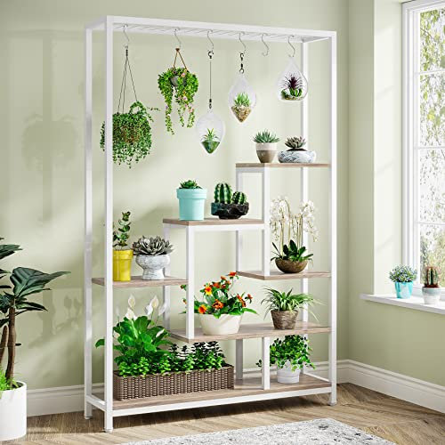 Tribesigns Soporte alto para plantas de interior de 5 niveles, estante de metal de 180 cm con 10 ganchos para colgar en S, estante de exhibición multiusos para bonsái de flores para interiores