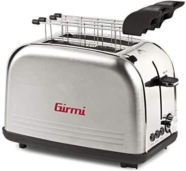 Girmi TP57 Tostapane, 800 W, Corpo e pinze INOX, Ampie fessure per toast farciti, Timer, 8 Livelli di cottura, Espulsione automatica, Spegnimento automatico, Raccogli briciole
