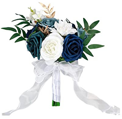 Oshhni Künstliche Blumen, Brautjungfern-Blumen, Blumenarrangements, handgefertigter Braut-Hochzeitsstrauß, rustikaler Stil für Brautparty, Jahrestag, Blau Weiss
