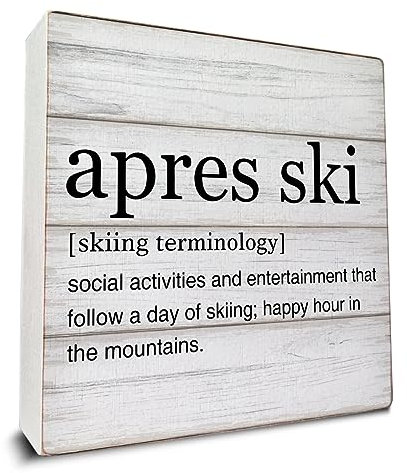 Skier Geschenk Apres Ski Definition Holzkiste Schild Snowboarder Zitate Schreibtisch dekoratives Holzschild Heimdekoration für Schreibtisch Tischregal 12,7 x 12,7 cm