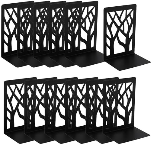 HAKZEON 12 PCS Black Heavy Duty Book Ends, 6 Pairs Decorative Tree Design Book Stopper Supports, Metal Bookends with Non-slip Pads for Shelves