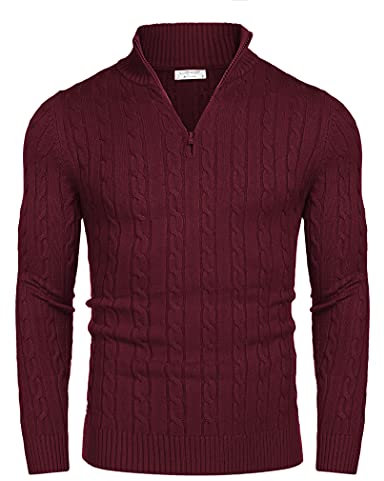 COOFANDY Herren Strickpullover Feinstrick Zopfmuster Stehkragen Slim Fit Essentials Rollkragenpullover Weinrot XL
