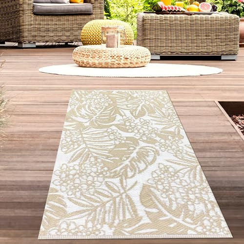 CARPETIA Outdoor-Teppich Wetterfest Kunststoff Wendeteppich Picknick Garten Terrasse Balkon pflegeleicht modern Blätter beige Läufer 90x150cm