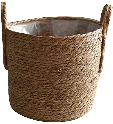 Knadgbft Cesta de almacenamiento de paja de ratán para colocar en el suelo, maceta verde para colgar manualidades, decoración