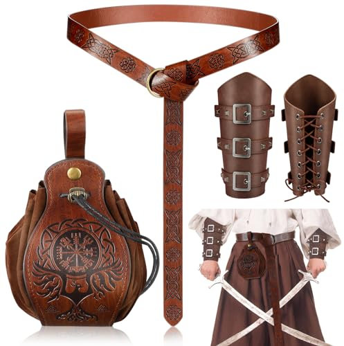 SATINIOR Halloween Nekromanten Anzug Mittelalterliche Accessoires Set Mittelalter Armschienen Geprägter Gürtel Kunstleder Gürtelbeutel für Wikinger Piraten Hexe Ritter