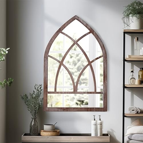 Sintosin Farmhouse Gewölbter Fensterspiegel, Wanddekoration, 40,6 x 61 cm, hängend, Used-Look, rustikale Kathedrale, Fensterscheibe, Spiegel, Wanddekoration für Wohnzimmer, dekorative Spiegel aus Holz