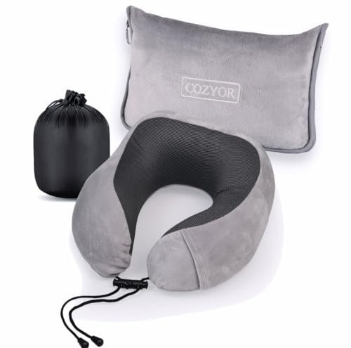 Cozyor Reiseset 2-teilig: Nackenkissen + Reisekissen & Reisedecke 2 in 1 mit Hülle - Ultraleicht & kompakt mit Rucksack-Clip und Kofferbefestigung, Flugzeugdecke 170x100 cm Nackenhörnchen