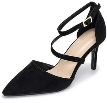 Rodawu Women's Court Shoes - Pointed Toe High Heel Pumps with Ankle Strap - Wedding & Sandals - Size 7 Black