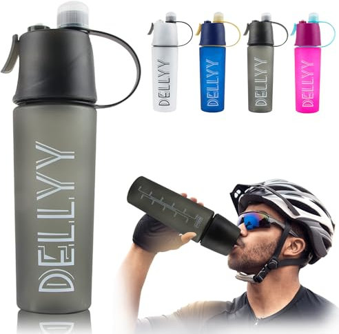 dellyy Botella de Agua con Spray, 600ML Botella Agua Gimnasio, Botella de Agua Deportiva, Botella Agua Sport, para Niños y Niñas para Rehidratación, Equitación, Escalada, Senderismo (Negro)