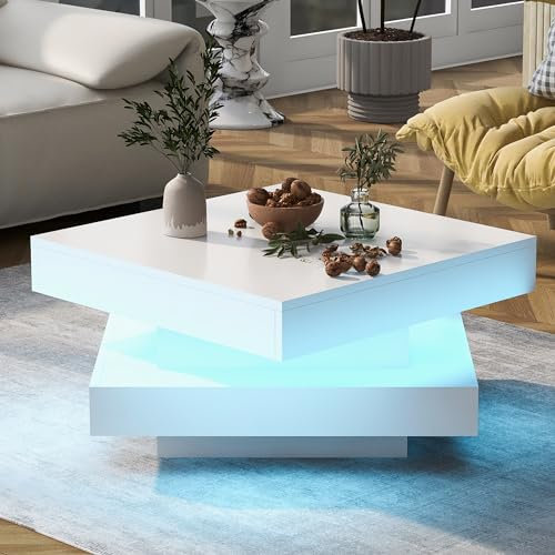 ModernLuxe Square High Gloss Coffee Table, Stylish Side Table with 360° Rotating Top and 16-Color LED Light, USB Powered, Center Tables for Living Room and Office, White, 70x70x36cm