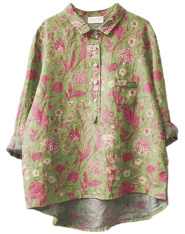 Generisch Camicia da donna oversize, con scollo rotondo, in lino, vintage, con stampa floreale, a maniche lunghe, per il tempo libero, taglie forti, casual, a tunica, B rosa., XL