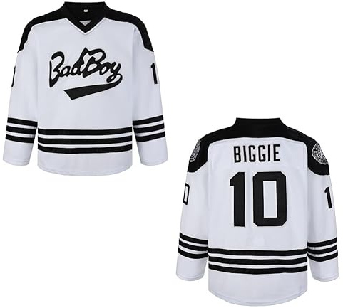 Herren #10 Biggie Smalls Bad Boy 90er Jahre Hip Hop Langarm Schwarz Notorious Hockey-Trikot
