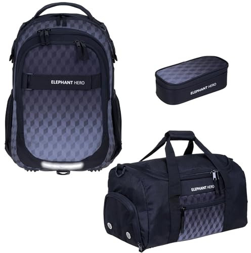 Elephant 3 Teile Set Schulrucksack Jungen Mädchen Signature Hero 2 Schultasche Laptopfach Rucksack + Sporttasche + Mäppchen Box (Black Cube 12868)