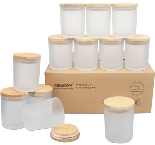 MILIVIXAY Confezione da 12 barattoli per candele in vetro spesso bianco satinato con coperchio, per realizzare candele, contenitori per spezie e polvere.