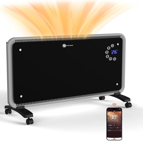 KioGro WiFi Enabled Smart Electric Glass Panel Heater 2KW, Smart App, Window Detection, Convector Heaters Free Standing & Wall Mounted, Heaters for Home Low Energy, Electric Heater with Timer
