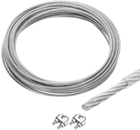 QUARKZMAN 10m Cable de Acero Inoxidable 304, 5mm OD Kit de Cuerda de Alambre con 2pcs Tornillo Mandril PVC Recubierto para Cuerda Tendedero, Suspensión, Planta Soporte, Transparente