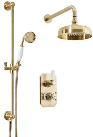 Milano Elizabeth Traditional Thermostatic Mixer Valve 205mm Round Shower Head Riser Rail - Brass