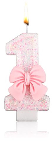 Pink Bowknot Number Candles, Glittering Birthday Candles for Cake Topper Decorations Happy Girls Birthday Party Wedding Anniversary (Number 1)