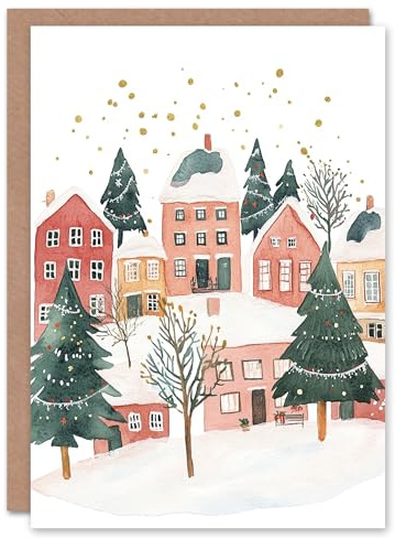 Wee Blue Coo Townscape Decorated Trees Festive Fun Xmas Art Blank For All Christmas Card
