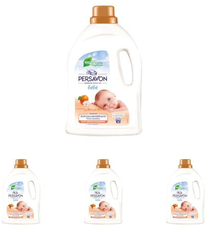 Persavon - Lessive Bébé, à l'Extrait d'Abricot BIO, Hypoallergénique, Peaux Sensibles, Sans Colorant, 33 Lavages - 1500 ml (Lot de 4)