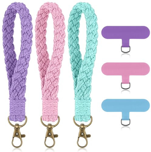Mabor 3 Pcs Phone Wrist Strap, Cell Phone Lanyard Bracelet with Phone Tether Tabs Handmade Smartphone Wristlet Keychain Universal Strap Keyring Holder Connector Patch for Women Men