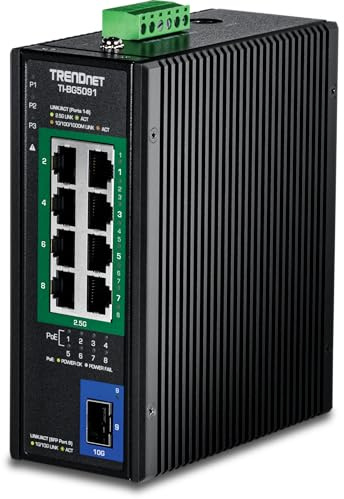 TRENDnet, TI-BG5091, 9-Port industrieller 2,5G DIN-Rail PoE++ Switch mit 10G SFP+ Port, Multi-Gigabit, 8 x 2,5G PoE++ Ports, 1 x 10G SFP+ Port, 480W PoE Leistungsbudget, 60Gbps