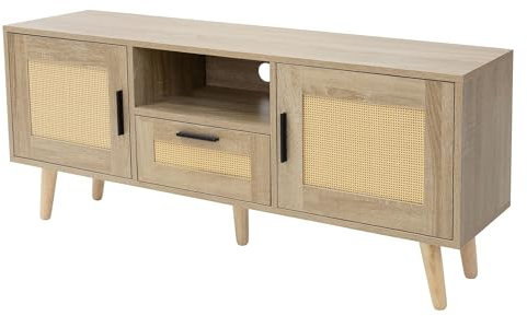 ML-Design Commode TV 120x50,5x30 cm Aspect Chêne, avec 2 Portes, Tiroir, Étagère, Façade en Rotin, Pieds en Bois Massif, Table Buffet pour Le Salon Chambre, Armoire pour Téléviseur jusqu'à 55 Pouces