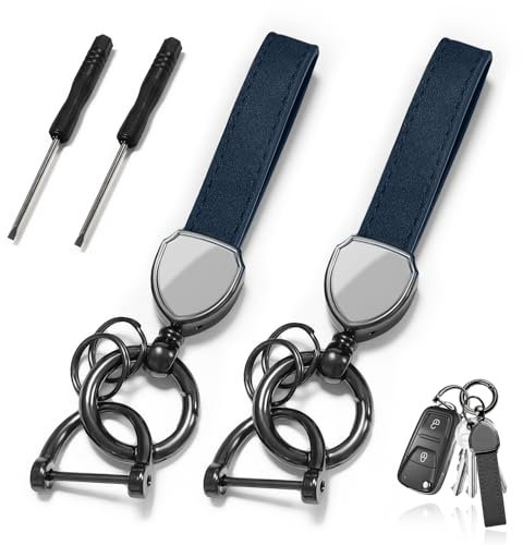 xuefenfei 2 Pièces Cuir Porte Clef Voiture, Universel, D-Anneau Anti-Perte, Cadeau pour Femme et Homme (Bleu)