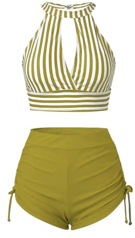 Votre Compte Maillot De Bain Gainant Ventre Plat Print sans Manche Nouvelle Swimsuit Maillot Femme Piscine Respirant Ete Col V Fitness Maillot De Bain 2 Pieces avec Volant Jaune XXL