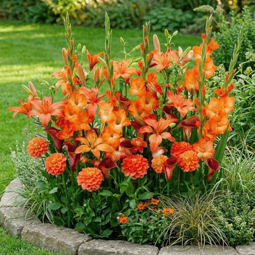 FLORIUM 25 Sommerblumen zwiebeln Orange Carpet Mix (25 blumenzwiebeln) Gladiolen, Dahlien, Lilien, Calla | Exklusive Mischung aus Holland | Mehrjährig Pflanzen für Garten, Töpfe (große Knollen)
