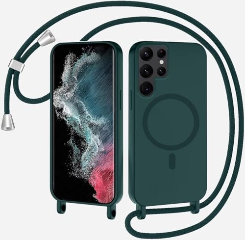 Magnetische Handykette für Samsung Galaxy S22 Ultra Hülle mit Band,Handyhülle Kompatibel mit MagSafe,Kabellosem Laden Silikon Seil Necklace Handyhülle mit Abnehmbar Kordel zum Umhängen Case,Dunkelgrün