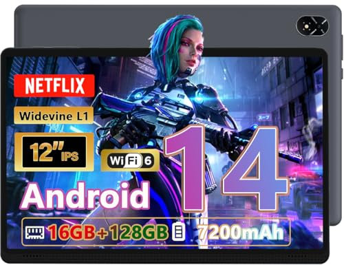 Tablet 12 Pantalla Grande, Octa-Core 16 GB RAM + 128 GB ROM, Wi-Fi 6, Bluetooth 5.2, 2 Altavoces, Pantalla multiventana, diseño Delgado, Ligero y Duradero, Rendimiento Potente. Tabletas 2025 (Negro)