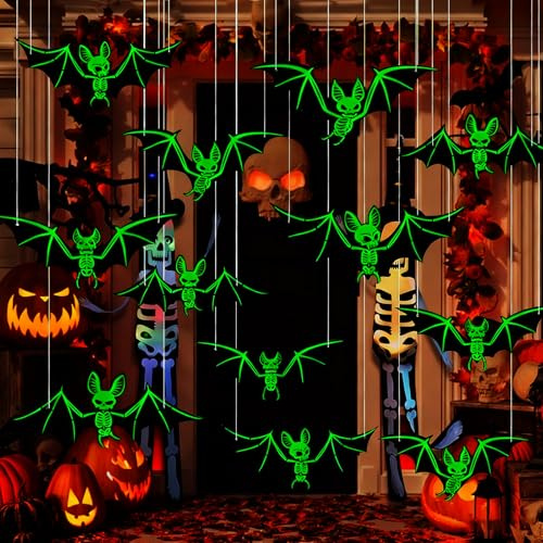 10 Stück Fledermaus Deko Halloween Outdoor, im Dunkeln Leuchtende Halloween Fledermaus Hängende Plastik Fliegen Fledermäuse Deko für Dekoration Veranda Garten Außenbereich Partyzubehör